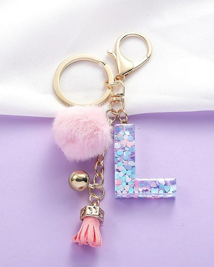 Resin Alphabet Initial Letter Keychain Keyring for Women Purse Handbags With Fur Ball Pom
