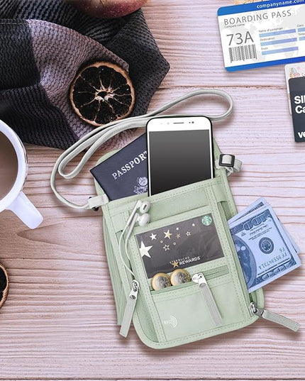 WALNEW Passport Holder Neck Pouch Travel Wallet for Women and Men, RFID Blocking Security Slim Traveling Wallet with Around Neck Lanyard Strap