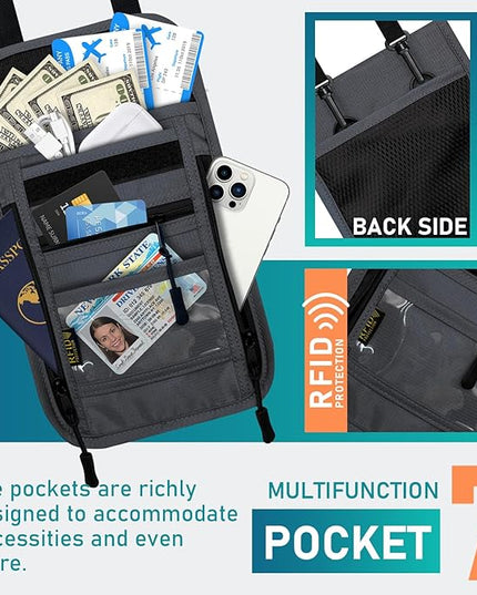 sundee Travel Neck Wallet with Double Zippers, RFID Blocking Passport Holder with Adjustable Neck Strap to Keep Cash, Credit Cards and Travel Documents Safe - Dark Gray