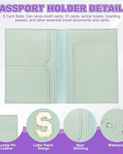 PATIKIL Passport Holder for Travel, Initial Passport Cover and Luggage Tag Set with Alphabet Chenille Letter Patch Travel Wallet Bag Suitcase Identifier for Women Family Travel Green S