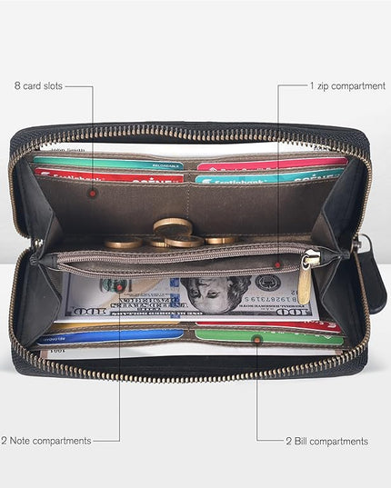 Black Leather Wallet for Women - RFID Womens Wallet Clutch with 8 Credit Card Holder, Coin Pocket, Gift for Women’s