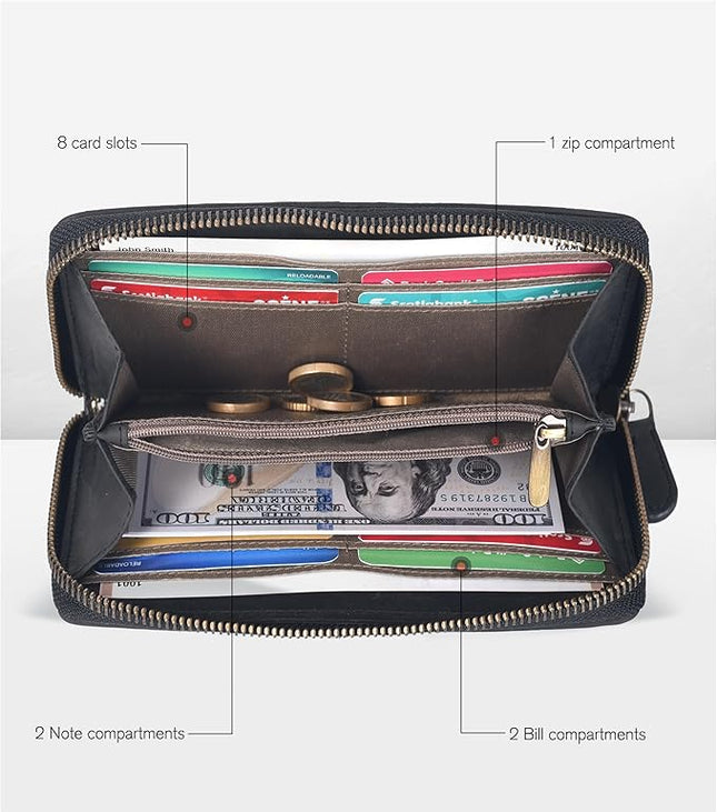 Black Leather Wallet for Women - RFID Womens Wallet Clutch with 8 Credit Card Holder, Coin Pocket, Gift for Women’s