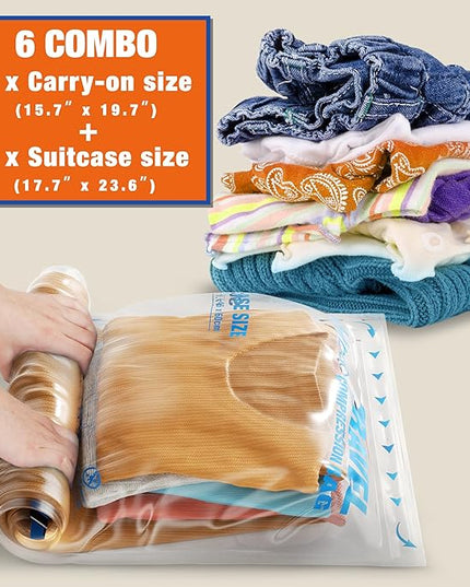 6 Compression Bags for Travel Essentials, Vacuum Packing Space Saver Bags for Cruise Accessories (6-Travel)
