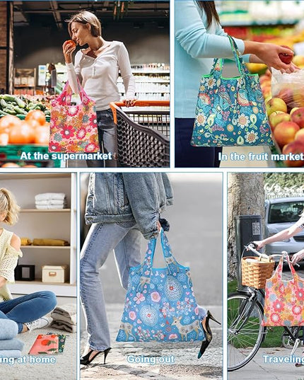 6 Pcs Reusable Shopping Bags Foldable, Machine Washable Shopping Grocery Bags in Pocket , Eco-Friendly Travel Recycle Shopping Bags, Waterproof Pouch Tote Bags for Daily Shopping Supplies load