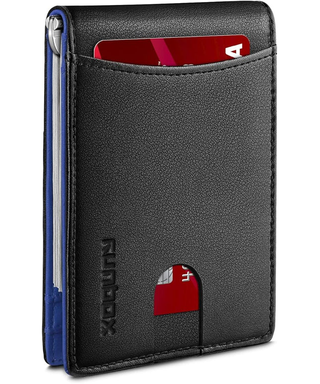 RUNBOX Slim Wallet for Men Genuine Leather RFID Blocking Bifold Minimalist Front Pocket Mens Wallet with Money Clip Thin Gift Box