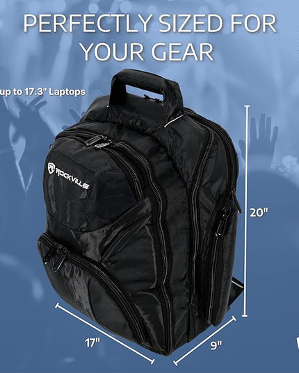 Rockville RVBACKPACK V2 Large DJ Laptop/Gear Travel Backpack, 9 Compartments, Padded Laptop & Headphone Storage, Trolley Sleeve, Lockable Zippers, Reinforced Stitching, Perfect for DJs & Musicians