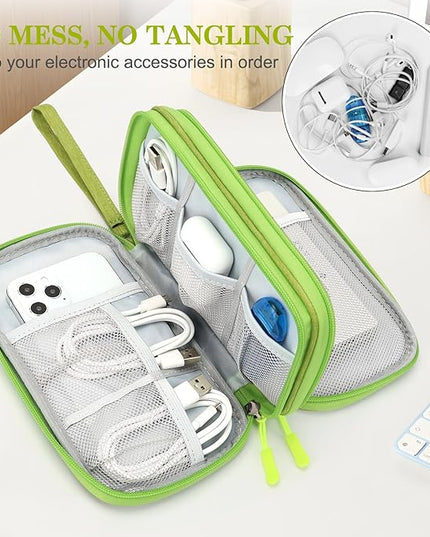 FYY Electronic Organizer, Travel Cable Organizer Bag Pouch Electronic Accessories Carry Case Portable Waterproof Double Layers Storage Bag for Cable, Cord, Charger, Phone, Earphone, Medium Size Green
