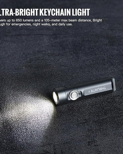 ThruNite Ti Mini Keychain Flashlight, USB-C Rechargeable EDC Pocket Light, Bright 650 Lumens Small Keychain Gadget for Camping, Everyday Carry, Indoor Outdoor Use (Grey Cool White)