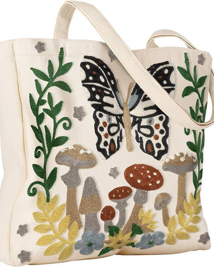 Aesthetic Embroidery Tote Bag for Women - Reusable Canvas Cute Shoulder Bag for Shopping, Grocery, Work, Book