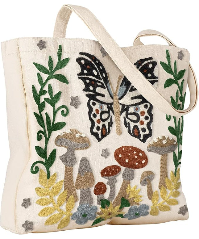 Aesthetic Embroidery Tote Bag for Women - Reusable Canvas Cute Shoulder Bag for Shopping, Grocery, Work, Book
