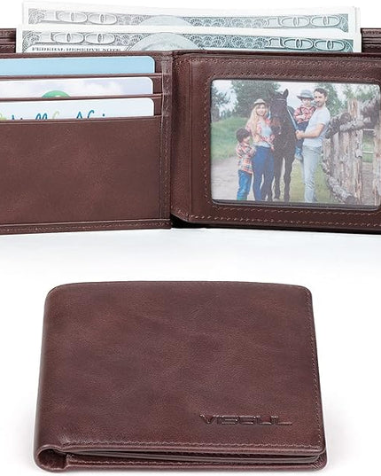 VISOUL Mens Bifold Leather RFID Blocking Wallet with 2 ID Windows, Soft Genuine Leather Card Holder Wallet with 2 Cash Compartments for Men (Coffee)
