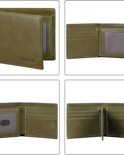 VISOUL Men's Bifold Wallet with 2 ID Windows, Genuine Leather Card Holder Front Pocket Wallet with RFID Blocking for Men (Green)