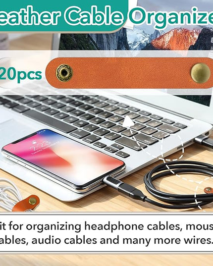 20 Pcs Leather Cord Organizer - Brown Leather Cord Ties for Charging Cords, Reusable Charging Cable Organizers