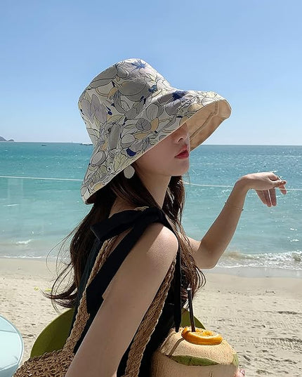 HUAMULAN Women Summer Sun Hat Wide Brim Wired Edge Floral Beach Bucket Hats Reversible Foldable Travel UV Protection Lady Hat