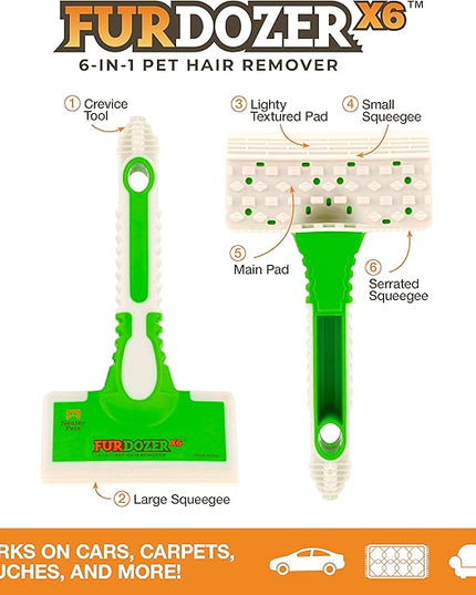 FurDozer Pet Hair Remover & Auto Detailing Tools - Cat & Dog Hair Remover for Carpets, Car Interiors, Couches, Bedding, & Pet Furniture (Green, X6)