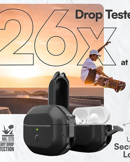 Keybudz for AirPods Pro 2 Case with Lock - Fully Waterproof AirPods Pro 2nd Generation Case Cover - Keychain, Rugged Tough Protection, Hard Shell and Carabiner for USB-C/Lightning (Carbon Black)
