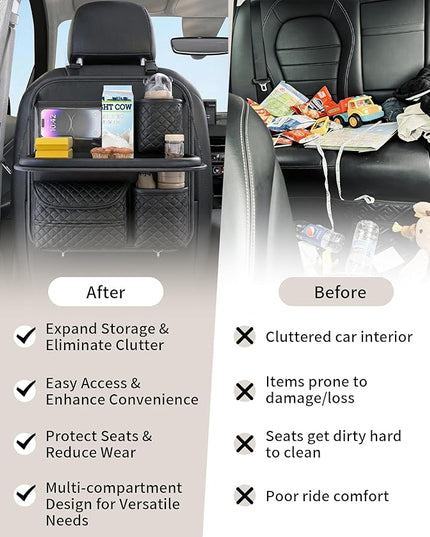 Leather Car Backseat Organizer with Foldable Table Tray - Cup, Tissue, Tablet Holder & Purse Hook, Road Trip Essentials for Car (Black)