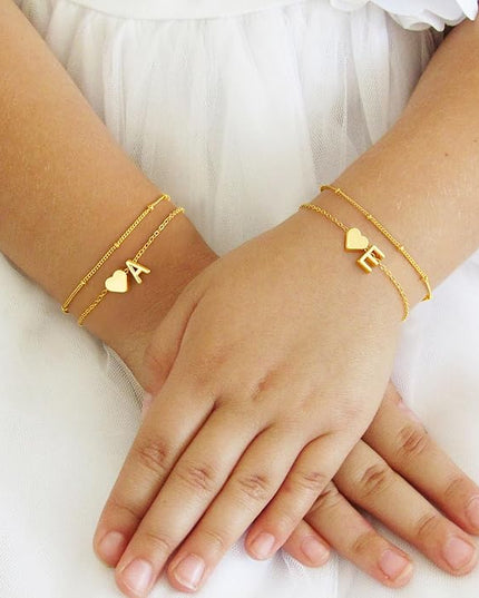 M MOOHAM Valentines Day Gifts for Kids Teen Girls -14K-Gold-Plated Heart Initial A-Z Bracelets for Women Girl Dainty Gold Bracelets Birthday Valentines Gifts for Women Her Teenage Girls Kid Teen Gift