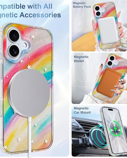 Cute Case for iPhone 17 Case for Women Girls [Compatible with Magsafe] Aesthetic Girly Trendy Glitter Sparkly Bling Magnetic Protective Phone Cover, Rainbow
