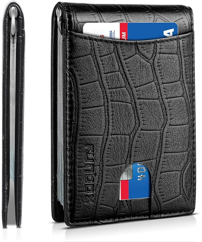 RUNBOX Slim Wallet for Men Genuine Leather RFID Blocking Bifold Minimalist Front Pocket Mens Wallet with Money Clip Thin Gift Box