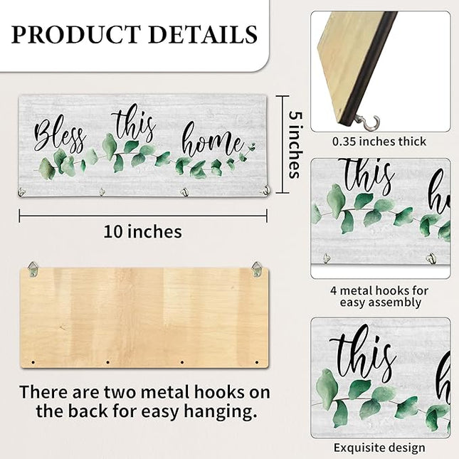 Yhtmbf Bless This Home Wooden Key Holder for Wall - 5"x10" Key Organizer Hanger with 4 Hooks for Front Door Hallway Entryway Kitchen - Home Office Decor & Housewarming Gifts Supplies - A01