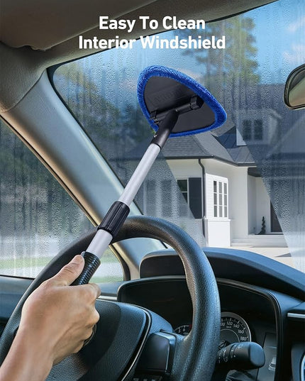 AstroAI Windshield Cleaning Tool, Car Window Cleaner Windshield Cleaner with 8 Reusable and Washable Microfiber Pads and Extendable Handle Auto Inside Glass Wiper Kit, Blue, 2 Pack