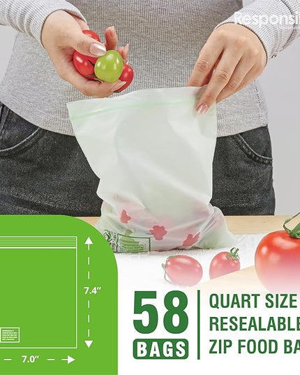 Responsible Products Certified Compostable QUART Resealable Zip Bag, Extra Strength Food Bags, Plant-Based Freezer-Safe (58 Pack)