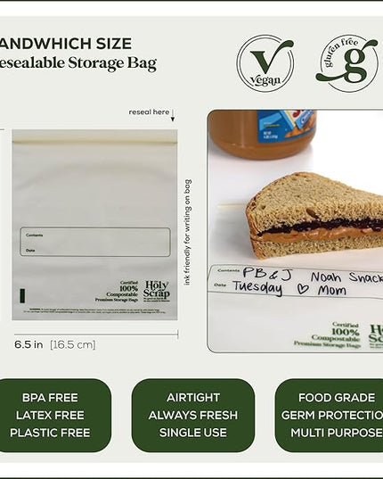 100% Compostable Food Storage Bags SANDWICH Size - 100 Pack - Resealable Extra Strength Zip Seal Bags Made from Plants, Eco Friendly, Freezer Safe - BPI Certified, OK Compost Home