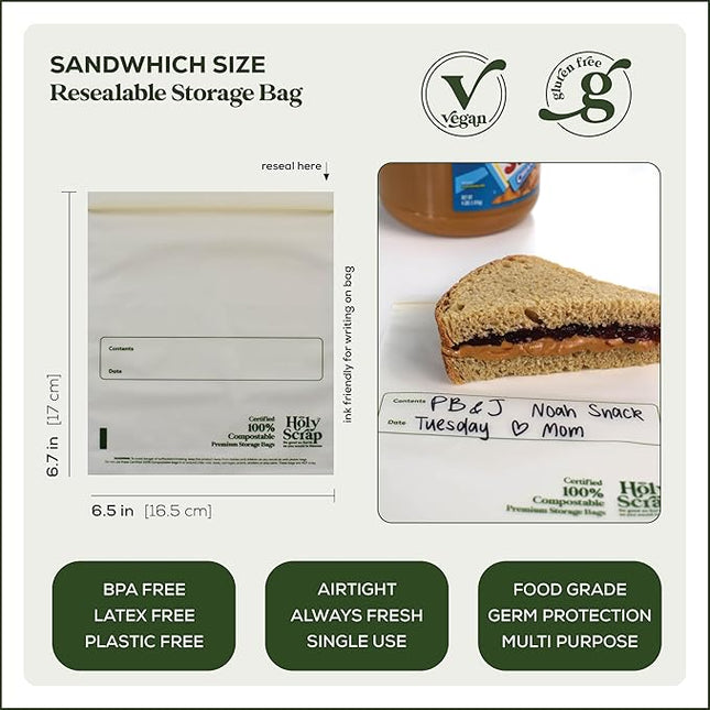 100% Compostable Food Storage Bags SANDWICH Size - 100 Pack - Resealable Extra Strength Zip Seal Bags Made from Plants, Eco Friendly, Freezer Safe - BPI Certified, OK Compost Home