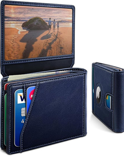 MIYOZI Airtag Wallet for Men,with Cash Pocket 2 ID Window 13 Cards,Slim Leather Wallet Front Pocket Card Holder RFID Blocking with Gift Box