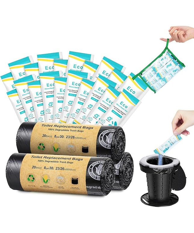 BLIKA 60 Count Camping Toilet Bags Eco Absorbent Gel Set, Portable Toilet Bags with Gel, 8 Gallon, 30 Liter, Heavy Duty 1 Mil, Toilet Replacement Bags with Toilet Powder for Camping Outdoor Hiking