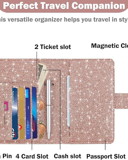 HOTCOOL Passport Holder Travel Essentials Airplane & Cruise Essentials Ship Leather Wallet Cover Case RFID Blocking Women & Men Vacation Travel Accessories Gifts Deals, Glitter - Rose Gold