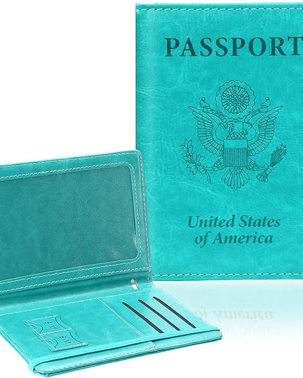 Passport Holder for Travel, RFID Blocking Passport Cover with Pen Holder Leather Passport Wallet Case Travel Must Haves Accessories Passport Book Card Holder for Family Travel Essentials, Turquoise