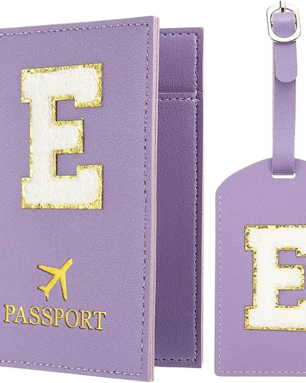 PATIKIL Passport Holder for Travel, Initial Passport Cover and Luggage Tag Set with Alphabet Chenille Letter Patch Travel Wallet Bag Suitcase Identifier for Women Family Travel Purple E