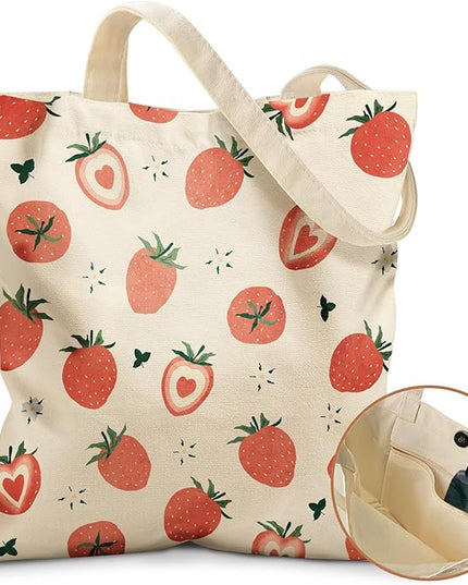 Aesthetic Tote Bag for Girls - with Magnetic Buckle and Zipper Inner Pocket for Women Lady Canvas Cotton Tote Bag