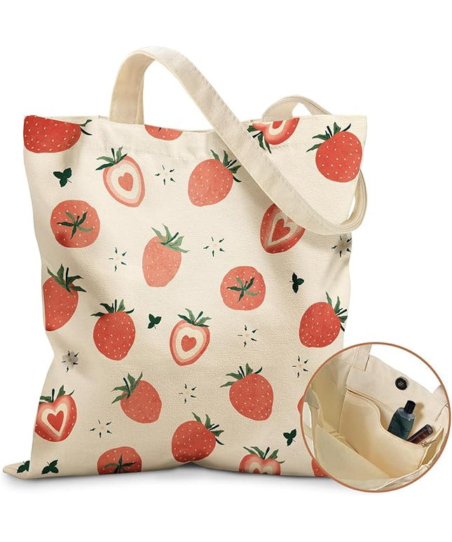 Aesthetic Tote Bag for Girls - with Magnetic Buckle and Zipper Inner Pocket for Women Lady Canvas Cotton Tote Bag