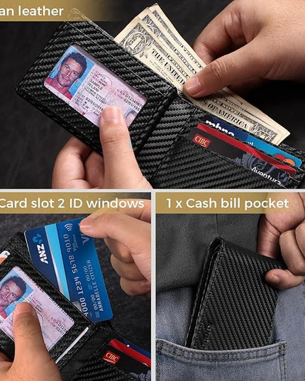RUNBOX Wallet for Men Bifold RFID Blocking Wallets with 2 ID Window 14 Card Holders 1 cash pocket 1 Gift Box