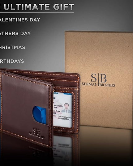 SERMAN BRANDS RFID Blocking Slim Bifold Genuine Leather Thin Minimalist Front Pocket Wallets for Men Billfold Wallet Men Gift