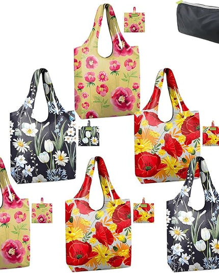 BeeGreen Flowers Reusable Grocery Bags Reusable Kitchen Bags Bulk Foldable-Machine Washable with Zipper Storage Pouch 6 Packs