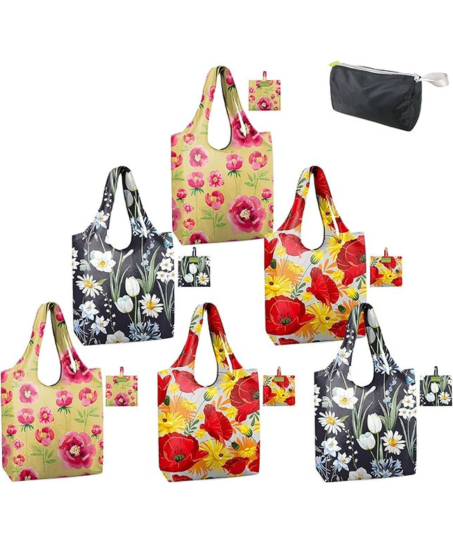 BeeGreen Flowers Reusable Grocery Bags Reusable Kitchen Bags Bulk Foldable-Machine Washable with Zipper Storage Pouch 6 Packs