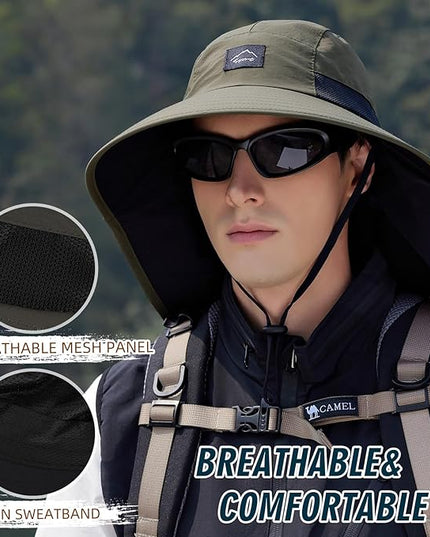 Rosoz Outdoor Sun Hat for Men Women, UPF50+ Protection Safari Cap Wide Brim Mesh Fishing Hat with Neck Flap Beach Garden