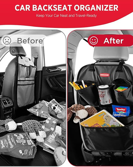 Rubbermaid Backseat Car Organizer, Kick Mats and Seat Back Protector, Car Organizer for Kids with 6 Storage Pockets, Travel Essentials for SUV, Truck, Car - 2 packs Black