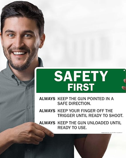 Safety First Always Keep The Gun Pointed In A Safe Direction Sign, 10x14 Inches, Rust Free .040 Aluminum, Fade Resistant, Made in USA by My Sign Center