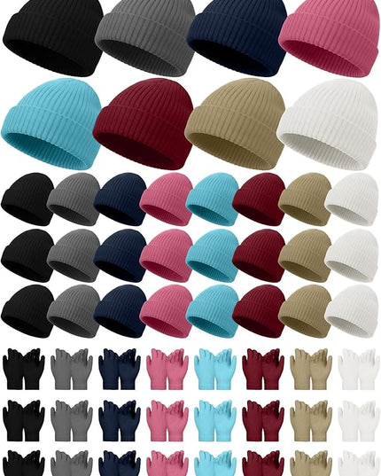 Chicingyou Winter Hats and Gloves Beanies Set Bulk Adults Women Men Unisex Knit Beanie Thermal Gloves for Homeless Gifts