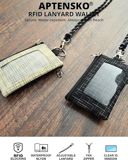 RFID Blocking Travel Wallet with Adjustable Lanyard, Small Nylon Zipper Pouch and Badge Holder for ID, Credit Cards, Cash, Keys, Commuters (BlackCrosshatch)