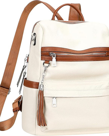 ALTOSY Genuine Leather Backpack Purse for Women Convertible Shoulder bag Soft Crossdody Bag with Laptop Compartment Large (S108 White/Brown)