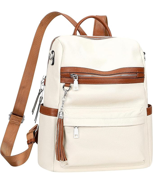 ALTOSY Genuine Leather Backpack Purse for Women Convertible Shoulder bag Soft Crossdody Bag with Laptop Compartment Large (S108 White/Brown)