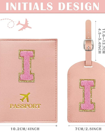 COSHAYSOO Initial Passport Cover Luggage Tag Set Letter Passport Holder Airplane Cruise Travel Essentials Vacation Traveling Accessories Personalized Gifts for Women Teen College Girls Pink I