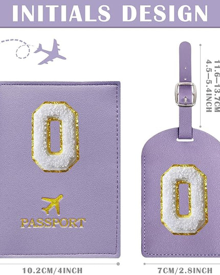 COSHAYSOO Purple Passport Cover and Luggage Tag Set TSA Approved with Her Initial Chenille Letter Patch, Trendy Traveling Bag Backpack Suitcase Identifier Christmas Gifts for Women Girls (O)