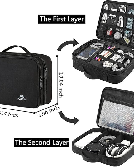 MATEIN Cable Organizer Bag, Large Travel Storage Bag Sturdy Tool Case with Handle for Phone Cord Electronics Accessories, Carrying Case for Tablet (Up to 12.9inch), Powerbank, Hard Drive, Black